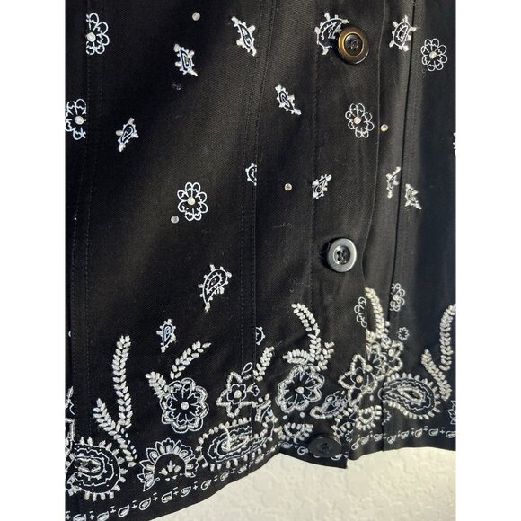 Quacker Factory Vintage Black Denim Jacket Bandanna Sequins Paisley Size Large - Picture 4 of 14